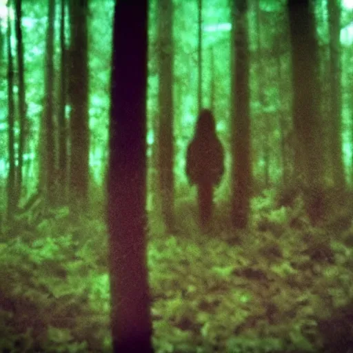 Prompt: grainy surveillance photo still of an alien in the woods at night hiding in the trees of a forest