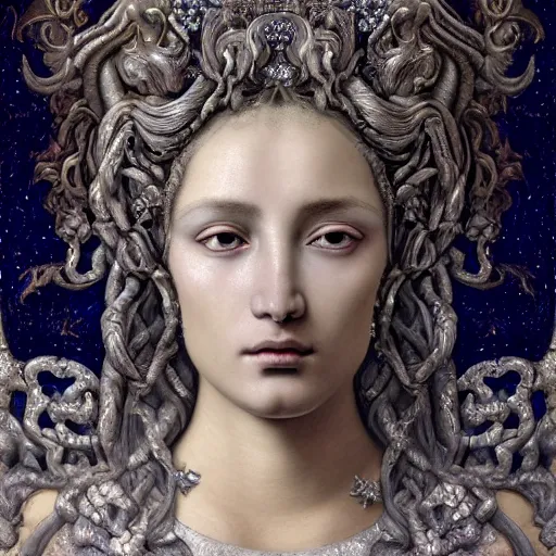 Prompt: baroque neoclassicist closeup renaissance portrait of a beautiful moon goddess with stars in her flowing hair, reflective detailed textures, glittering silver ornaments, dark fantasy science fiction painting by diego rivera and jean delville and ruan jia and nicholas roerich and annie swynnerton, dramatic lighting, gleaming silver and rich colors, floral tattoos, artstation, octane render