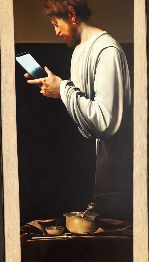 Image similar to hyperrealistic still life painting of a man illuminated by blue light from his phone, by Caravaggio, dark room, botanical print