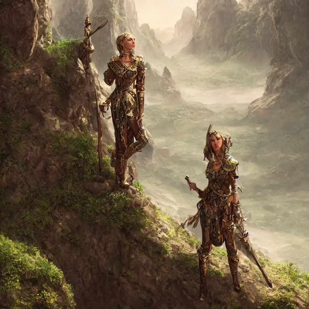 Prompt: photo of one beautiful medieval-female-scout in brown plated armor with green crystals who is watching over the countryside from a cliff, elegant, highly detailed, smooth, sharp focus, illustration, beautiful, geometric, trending on artstation, unreal engine, octane render, cinematic, artwork by WLOP