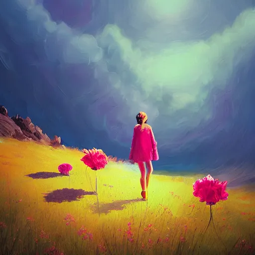 Image similar to giant carnation flower as a head, girl hiking in the mountains, surreal photography, sunrise, dramatic light, impressionist painting, colorful clouds, digital painting, artstation, simon stalenhag