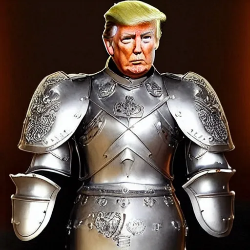 Image similar to full - body - front - shot!!!!!!!, donald trump wearing knight'armor, crown, detailed face of donald trump