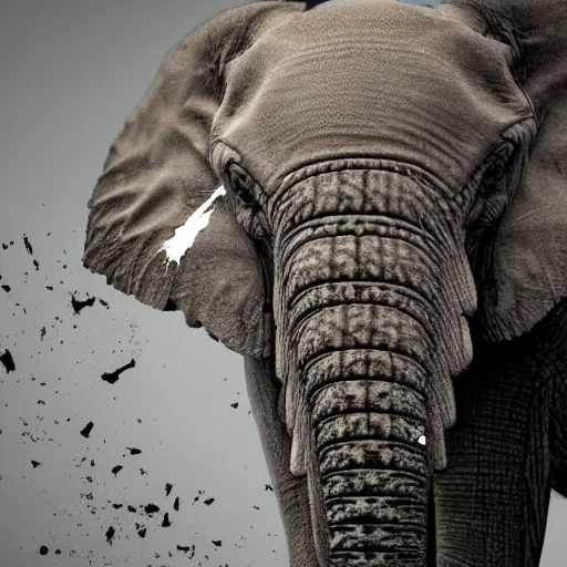 Image similar to an elephant falling apart and crumbling to dust to the air, photorealistic