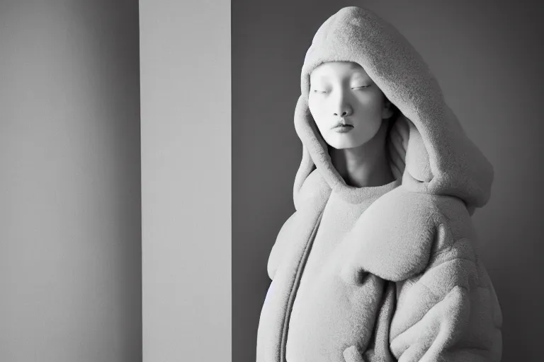 Image similar to well lit fashion shoot portrait of extremely beautiful female marble statue wearing huge over size puffer jacket by dingyun zhang, yeezy, balenciaga, vetements, a cold wall, sharp focus, clear, detailed,, cinematic, detailed, off white, glamourous, symmetrical, vogue, editorial, fashion, magazine shoot, glossy