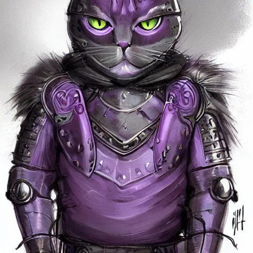 Prompt: squiggly purple cat wearing medieval suit of armor, illustration, concept art, art by wlop, dark, moody, dramatic