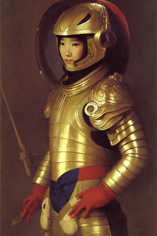 Prompt: portrait of a loong astronaut with chinese dragon armor and helmet, majestic, solemn, by bouguereau