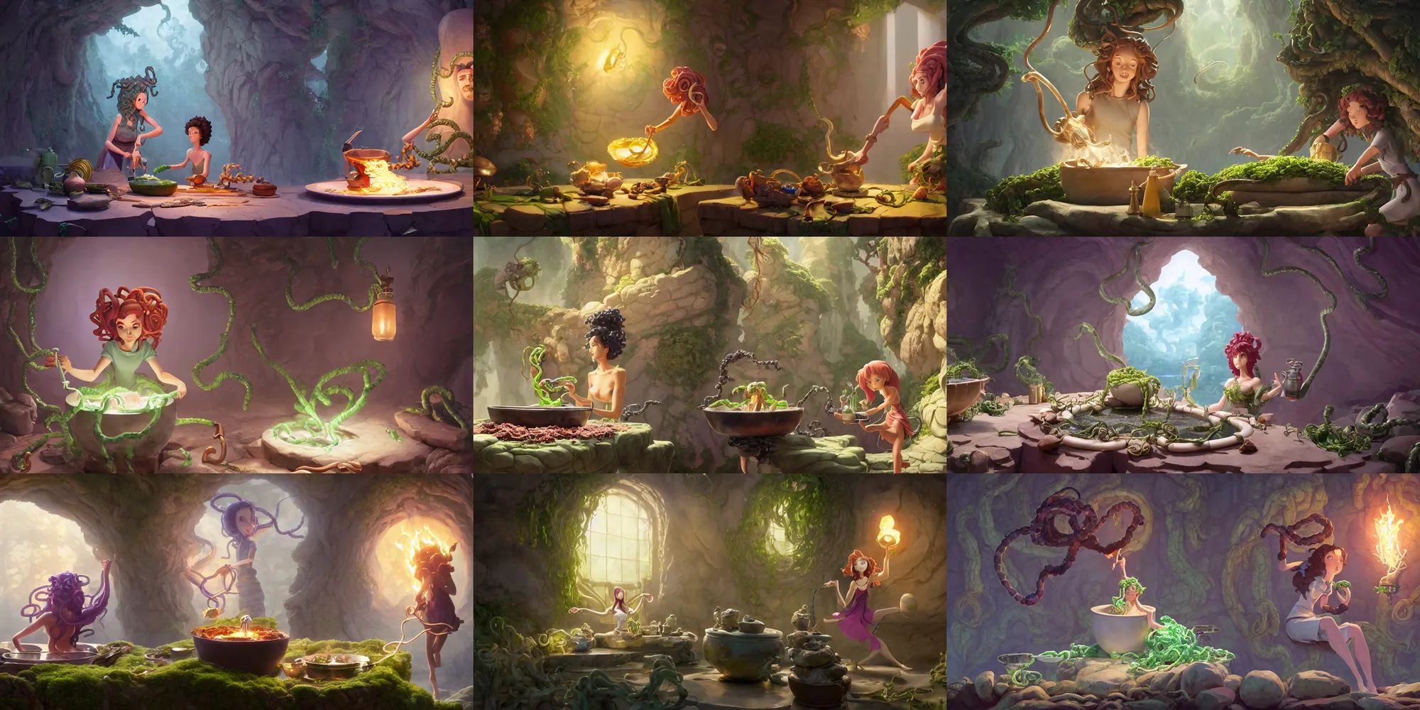 Prompt: a wholesome animation key shot of a Medusa cooking a magic potion in her cauldron with rock sculptures around the room, medium shot, waist up, studio Ghibli, Pixar and Disney animation, sharp, Rendered in Unreal Engine 5, anime key art by Greg Rutkowski, Bloom, dramatic lighting, J. C. Leyendecker