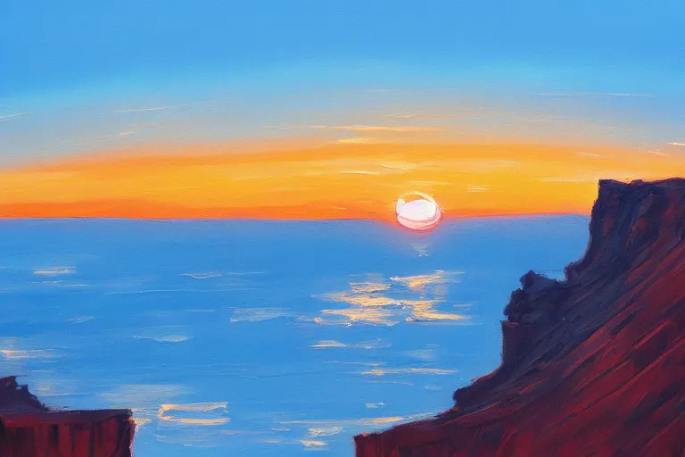 Prompt: a blue sunset with red tall cliffs, scenic view, artstation, painting