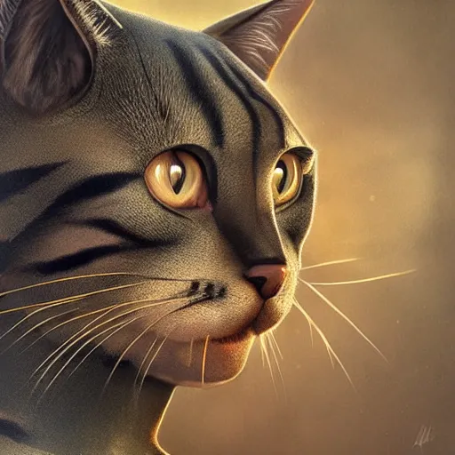 Prompt: hyperrealistic cat soldier, armor plates, rugged appearance, very detailed cat face, jungle background, golden hour, cgsociety, in the style of artgerm