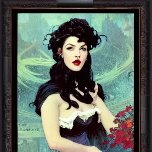 Prompt: portrait of a very beautiful vampire, top half of body, pensive expression, by Stanley Artgerm Lau, greg rutkowski, thomas kindkade, alphonse mucha, loish, norman rockwell, J. C. Leyendecker. dark black hair, pale skin, detailed eyes, red lips. framed by black flowers. dark, scary, eldritch horror. rule of thirds extremely detailed illustration hd 4k