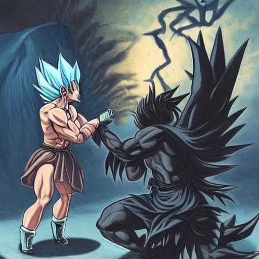 Image similar to Baphomet fistfighting a savage woman with wild spiky black Saiyan hair, dark dungeon, bloody walls, fantasy art, absurd quality