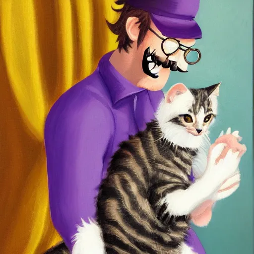 Prompt: Waluigi and his kitten in a vanity portrait