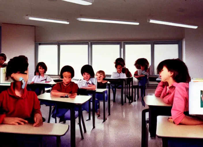 Prompt: a long shot, color studio photographic portrait of a futuristic classroom, dramatic backlighting, 1 9 9 3 photo from life magazine,