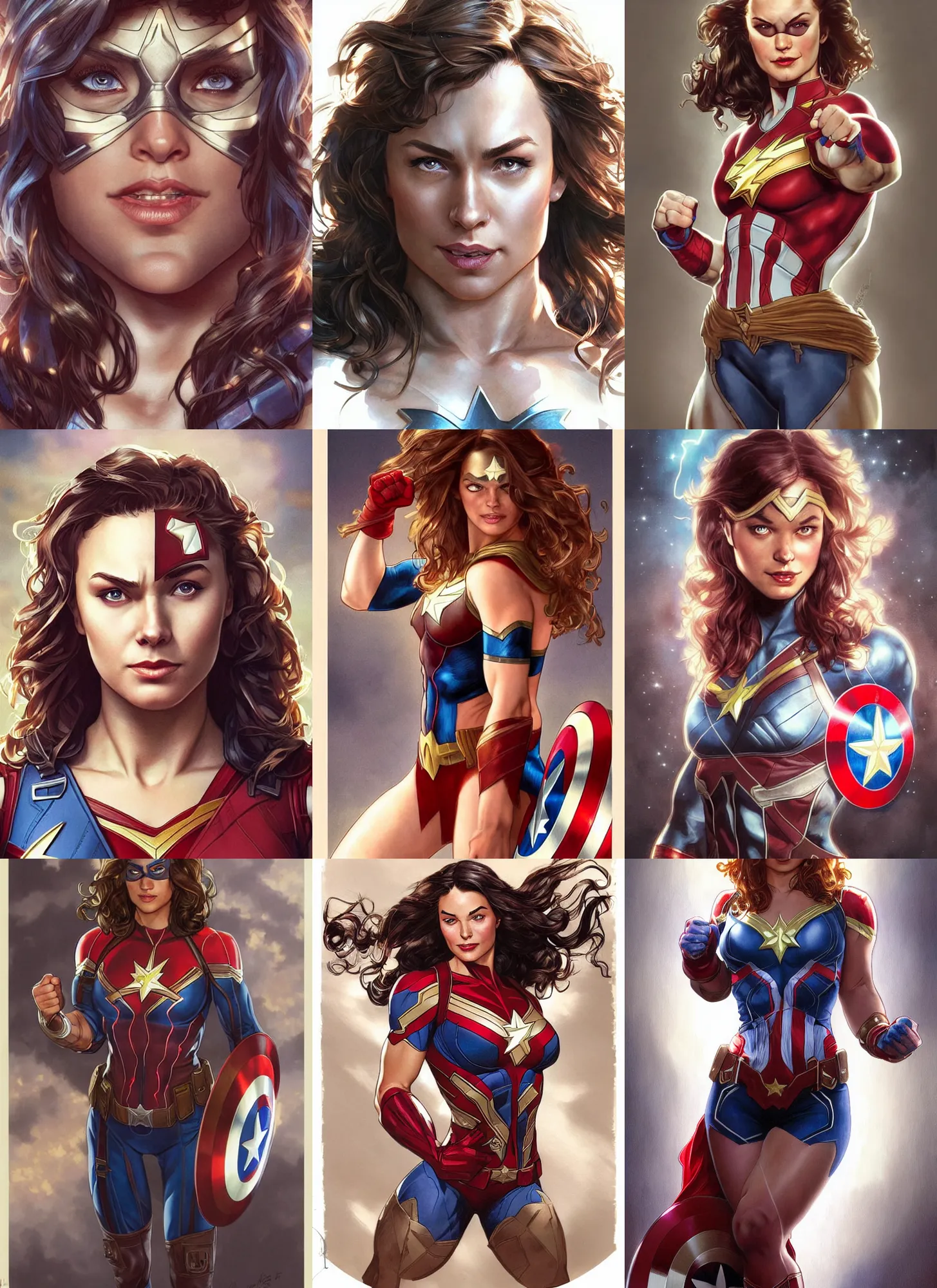 Prompt: a muscled april with a mischievous face and light brown curly wavy hair dressed as captain america, batman, the flash, captain marvel, wonder woman, a superhero. beautiful detailed face. by artgerm and greg rutkowski and alphonse mucha