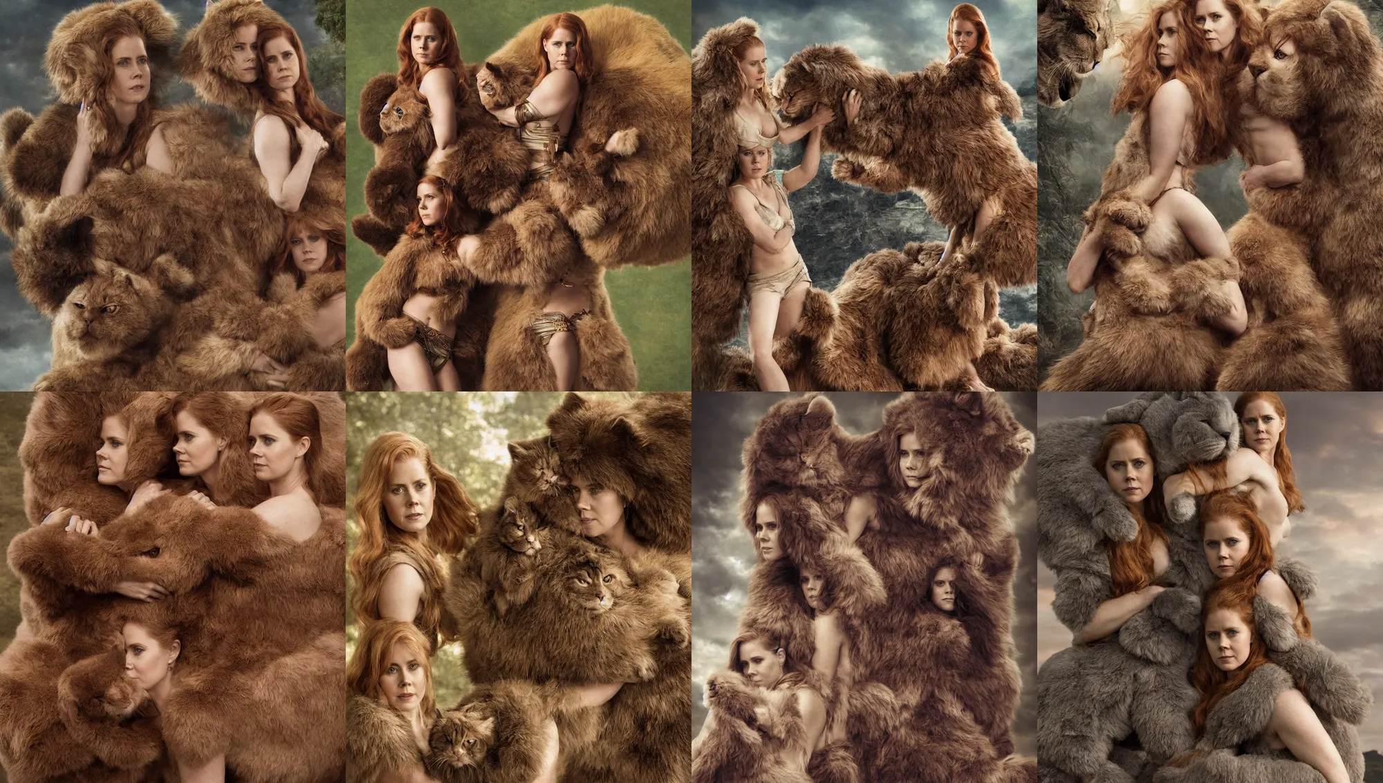 Prompt: amy adams as an amazon warrior leaning against her giant fluffy cat, highly detailed, magali villeneuve, 1 9 6 0