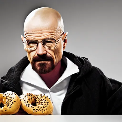 Prompt: walter white eating bagels, photography,