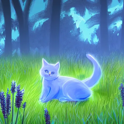 Prompt: illustration of a glowing blue cute cat in grassy field with trees in the background, lavender growing nearby, concept art, artstation