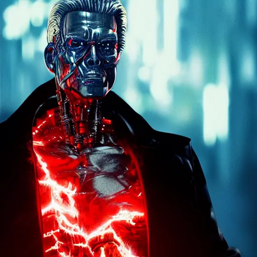 Image similar to donald trump as the terminator full body detailed, ethereal, cyborg biomechanics, covered in blood diamonds and other gems glowing, highly detailed face, evil posed, evil expression, intricate, extremy detailed, beeple, cgsociety, 3 d unreal engine octane render. cinematic lighting, highly detailed 4 k art