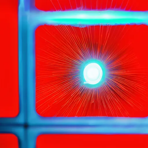 Image similar to a close up of a machine with a red light, a microscopic photo by niels lergaard, shutterstock contest winner, holography, quantum wavetracing, anamorphic lens flare, ray tracing