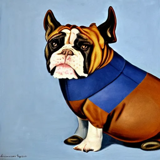 Image similar to american realist portrait of bat - eared bulldog - fish creature wearing a suit, ultramarine blue, burnt sienna and azo yellow