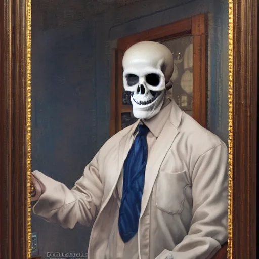 Prompt: Portrait of a suited blond with medical gloves and a skull face mask, by Gerald Brom, Kim Kyoung Hwan and Norman Rockwell