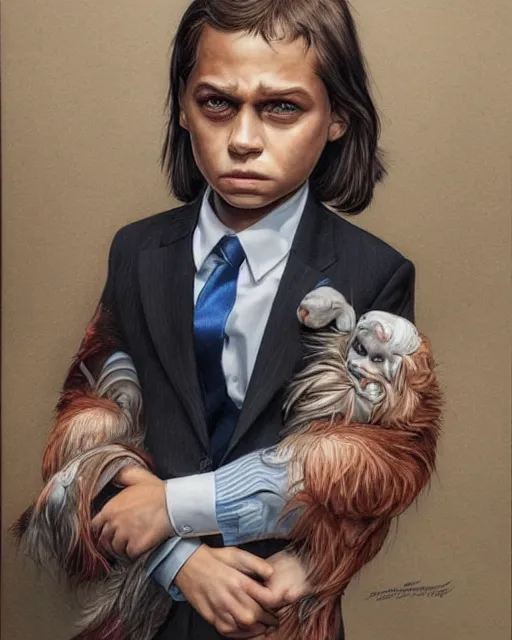 Image similar to portrait of a 7 year old child, gritty, serious, wearing a suit, very detailed eyes, hyperrealistic, beautiful, very detailed painting by Glenn Fabry, by Joao Ruas, by Artgerm