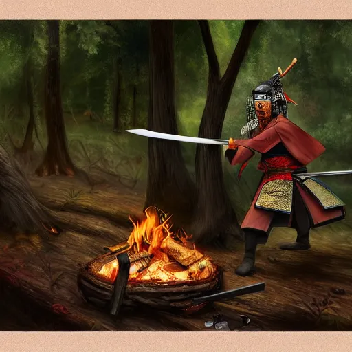 Prompt: samurai anthropomorphic cat sharpening a sword near a fire in the woods, photorealistic, intricate, highly detailed, smooth, sharp focus, digital painting,