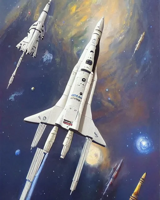 Image similar to a painting of a space shuttle and a space shuttle, concept art frank frazetta and jean giraud and dariusz zawadzki, trending on pinterest, space art, sci - fi, concept art, redshift