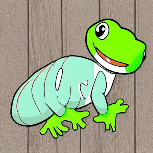 Image similar to cartoon sticker of cute light green gecko with white border and light gray background