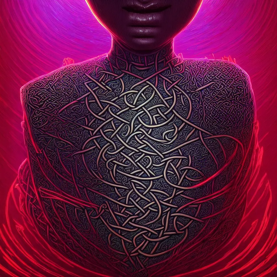 Prompt: texture with celtic neon retrowave decorative pattern, artstation, illustration, highly detailed, art by artgerm and greg rutkowski, symmetrical, dark art, old vhs tape