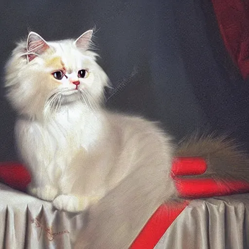 Image similar to a royal portrait of a ragdoll cat dressed up as the Queen of England