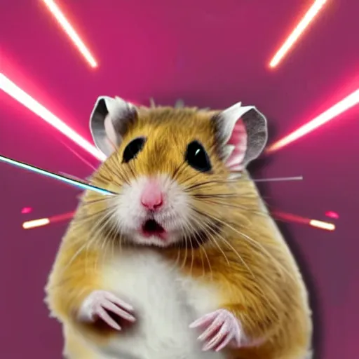 Image similar to evil hamster as the villain in a james bond film with head mounted laser cannons, digital art
