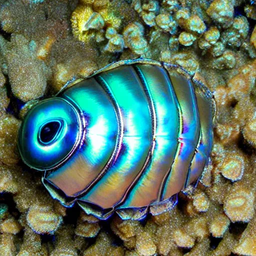 Prompt: iridescent metallic giant isopod