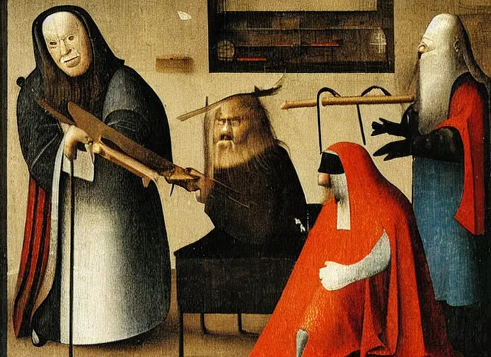 Image similar to judge wearing a bench wig is making a haircut to another judge with a bench wig, by hieronymus bosch