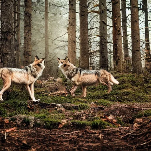 Prompt: wolves in the distance of a forest