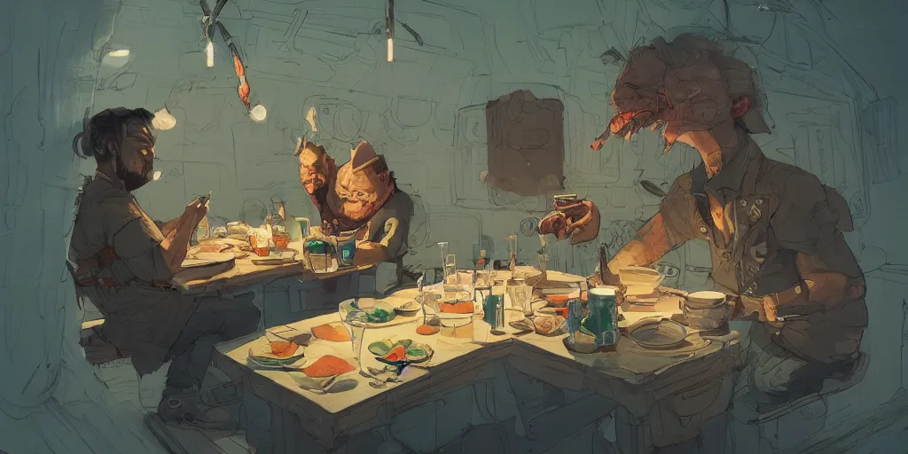 Prompt: cartoonish van morrison eating dinner, vivid colors, character sheet, fine details, concept design, contrast, kim jung gi, greg rutkowski, enki bilal, trending on artstation, 8 k, full body, turnaround, front view, back view, ultra wide angle