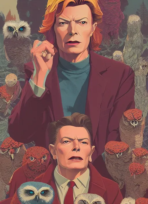 Prompt: Twin Peaks movie poster artwork by Tomer Hanuka and Michael Whelan, Rendering of David Bowie guiding into the realm of owls full of details, by Makoto Shinkai and thomas kinkade, Matte painting, trending on artstation and unreal engine