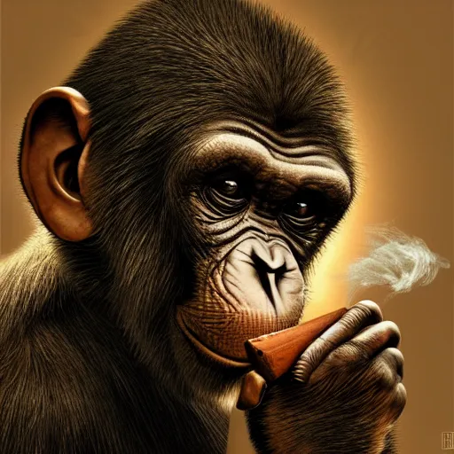 Prompt: a chimp wearing a suit smoking a cigar, dramatic lighting, cinematic, establishing shot, extremly high detail, photorealistic, cinematic lighting, artstation, style by James Gurney