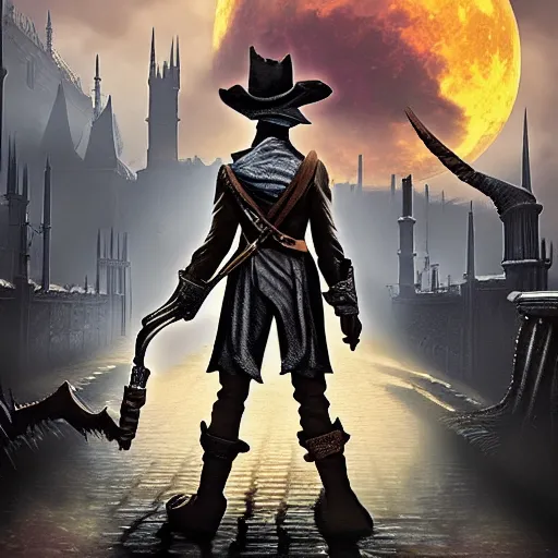 Image similar to an ultradetailed animation of the hunter from bloodborne dressed as darkwing duck, let's get dangerous, in the style animation of darkwing duck, digital art, dark fantasy, concept art, soulslike, by alphonse mucha, blood moon eclipse, wherewolves in a ruined building in the background, artstation, 8 k, unreal engine render