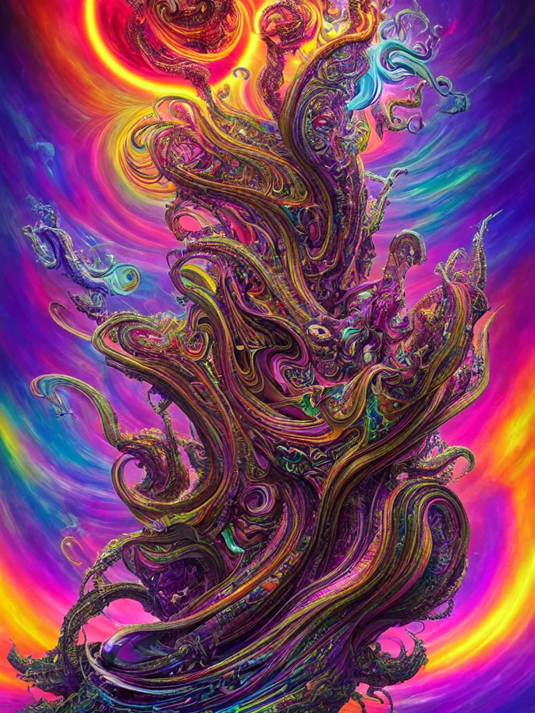 Image similar to depicting a wrathful technological nightmare monster god, in the style of lisa frank, exuberant organic elegant forms, by karol bak and filip hodas : : 1. iridescent, multicolored, holographic intricate mandala explosions : : intuit art : : turbulent clouds backdrop : : damask wallpaper : : atmospheric