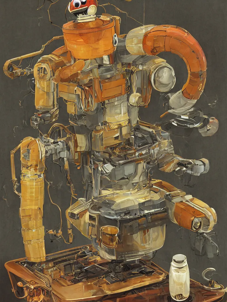 Image similar to half-length portrait of my friendly empatic robot offering a cup of fresh steaming coffee, by Simon Stalenhaag, by Yoshita Amano, by Esao Andrews, sharp focus, fresh colors, diviantart