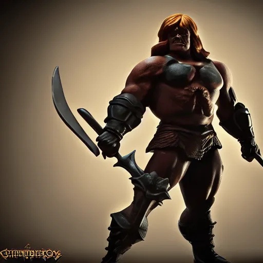 Image similar to He-Man with a dark manner, centered fullest body character pose, atmospheric, dark and mysterious, shadowy and eerie character, ominous, cinematic, photorealistic, colored ZBrush render