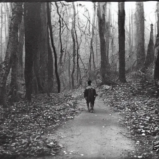 Prompt: old photograph of a monster walking through an eerie forest behind a hiker