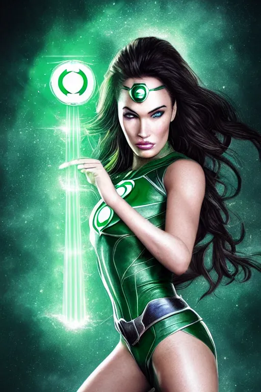 Image similar to majestic and regal portrait of megan fox female green lantern, dc universe, perfect face, beautiful, intricate, epic, elegant, fantasy, highly detailed, digital painting, hard focus, beautiful volumetric lighting, epic light, ultra detailed, by leesha hannigan, ross tran, thierry doizon, kai carpenter, ignacio fernandez rios