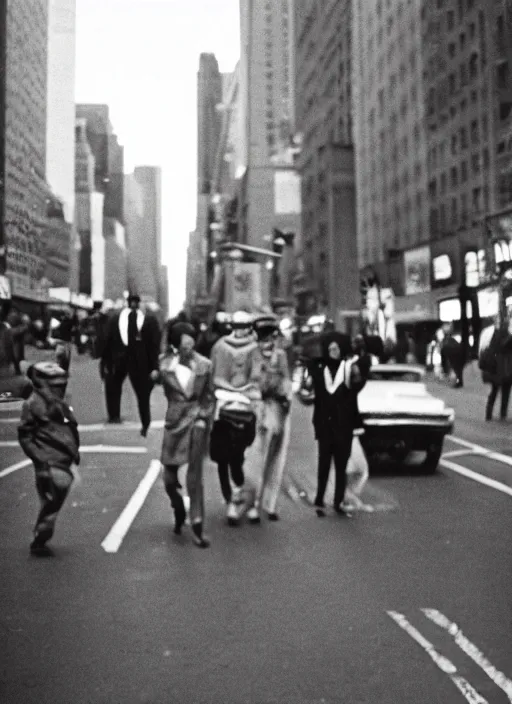 Image similar to a 35mm photograph of a group of aliens walking down the street in New York City in the 1960's, bokeh, Canon 50mm, cinematic lighting, photography, retro, film, Kodachrome