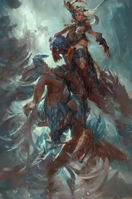 Image similar to a small blue-skinned triton girl wearing scale armor riding on a the shoulders of a large male goliath wearing fur and leather armor, dnd concept art, painting by ross tran and Tyler Jacobson