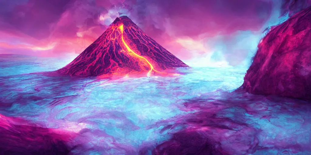 Image similar to pink lemonade flowing from the volcano, digital art, 4 k, highly detailed, soft lighting, dramatic perspective