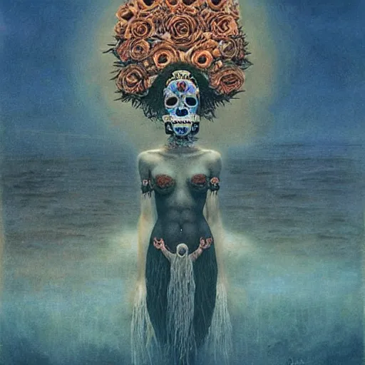 Image similar to los muertos moana, art by beksinski