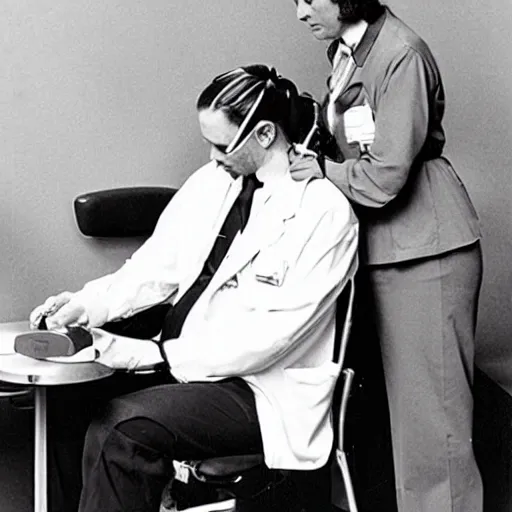 Image similar to a man sitting on a chair having his blood pressure measured by a nurse