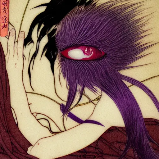 Image similar to prompt : portrait of muse soft light painted by takato yamamoto, purple rinnegan eyes, inspired by ninja anime, smooth face feature, intricate oil painting, high detail, sharp high detail, manga and anime